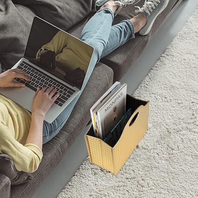 HofferRuffer Magazine Basket Holder, Foldable Magazine Rack, Document File Holder Organizer, File Folder, Newspaper Storage Bin Organizer for Home or Office (Gold)