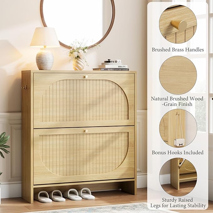 Nicetree Arch-Chic Shoe Cabinet for Entryway, Modern Mid-Century Shoe Storage Cabinet with Fluted, Narrow Shoe Rack with Adjustable Shelves & Tipping Protection, Fits Men's Size 13.5 Shoes