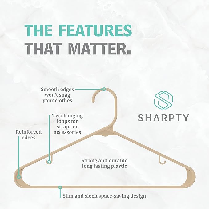 Sharpty Plastic Hangers Clothes Hangers for Clothing, Closet, Coats & Shirts - Durable & Space Saving - for Everyday Standard Use, Room Essentials & Basics - 60 Pack - Beige