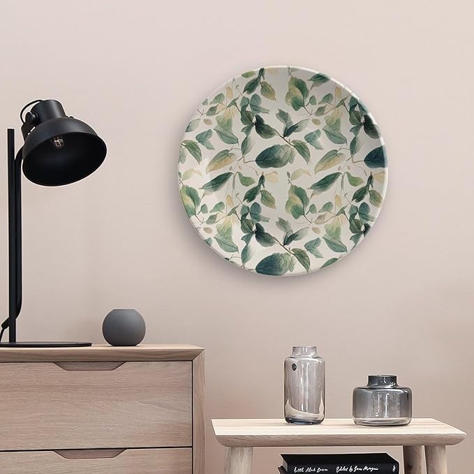 Bone China Decorative Plate Sage Green Eucalyptus Leaves Ceramic Decorative Plates with Display Stand 10inch Handmade Ceramic Ornament Wall Art Decor for Home Kitchen Bedroom Decorative Ornaments