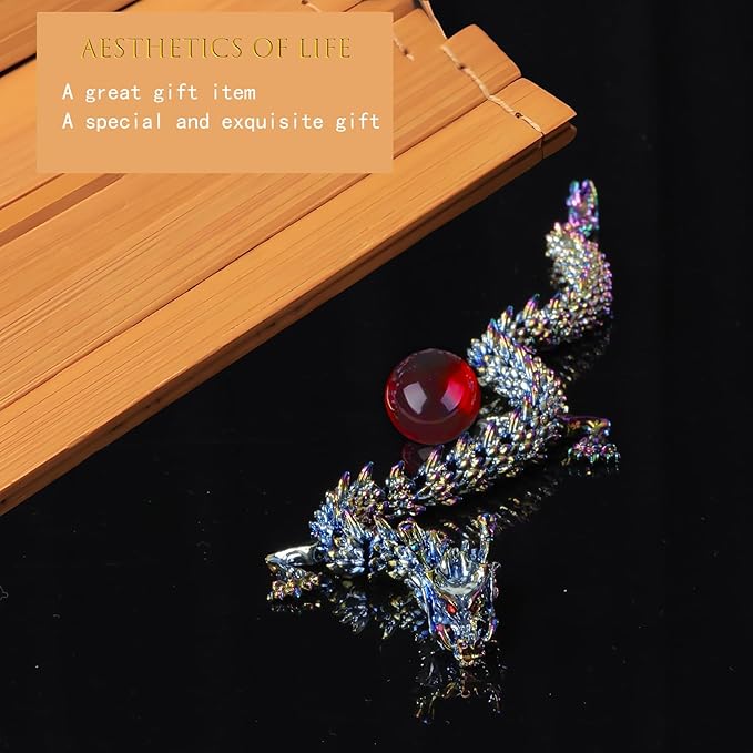 LIYAOLI Large Metal 3D Printed Articulated Chinese Dragon Figurine Statue Bookshelf Decor 15 Inch Three Color Flexible Joints Luck Dragon for Home Office Desk Decoration,with Red Gemstone Bead