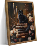 Vintage Dark Academia Framed Wall Art, Victorian Black Cat Floral Canvas Prints, Antique Book Wildflower Gothic Wall Decor for Living Room Gallery Library – Dark Wooden Frame 12x16in