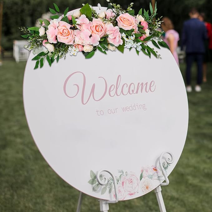 MSUIINT 25.6 Inch Artificial Rose Flower Swag with Green Leaves, Handmade Fake Plant for Front Door, Wedding Arch Flowers Spring Floral Swag, Wall Hanging Swag for Home Party Decor(Pink)