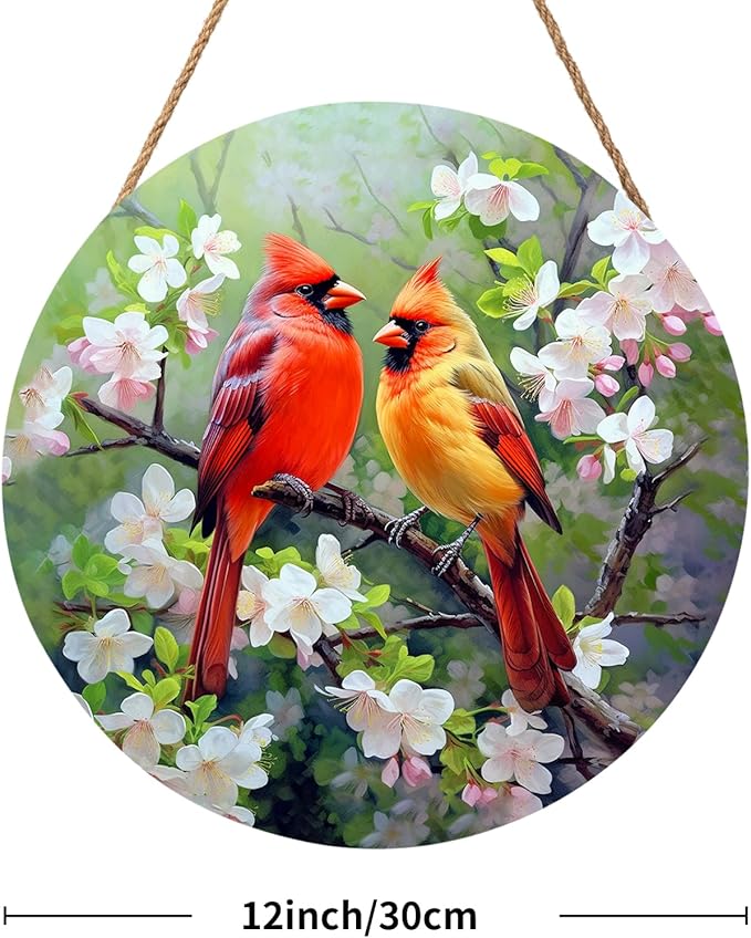 Harooni Spring Summer Birds Welcome Door Sign for Front Door Decor,Spring Pink Floral Round Wood Hanger Wreath for Outside Farmhouse Wooden Wreath for Porch Wall Hanging Sign Plaque Decoration 12"x12"