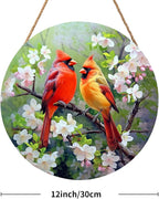 Harooni Spring Summer Birds Welcome Door Sign for Front Door Decor,Spring Pink Floral Round Wood Hanger Wreath for Outside Farmhouse Wooden Wreath for Porch Wall Hanging Sign Plaque Decoration 12"x12"