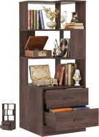 Armocity Corner Bookshelf with Drawers, 6 Tier Corner Book Shelf Display Bookcase, Freestanding L Shaped Bookshelf for Bedroom, Living Room, Home Office, Black Walnut