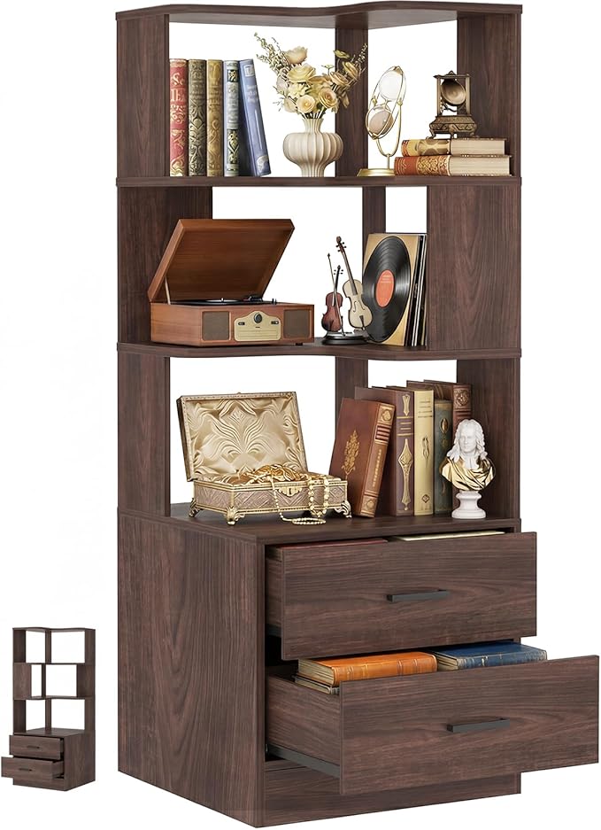 Armocity Corner Bookshelf with Drawers, 6 Tier Corner Book Shelf Display Bookcase, Freestanding L Shaped Bookshelf for Bedroom, Living Room, Home Office, Black Walnut