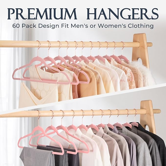 HOUSE DAY Pink Velvet Hangers 100 Pack, Premium Non-Slip Felt Clothes Hangers, Sturdy Heavy Duty Coat, Durable Hanger for Suits, Space Saving with No Hanger Mark, 360° Swivel Rotating Rose Gold Hook
