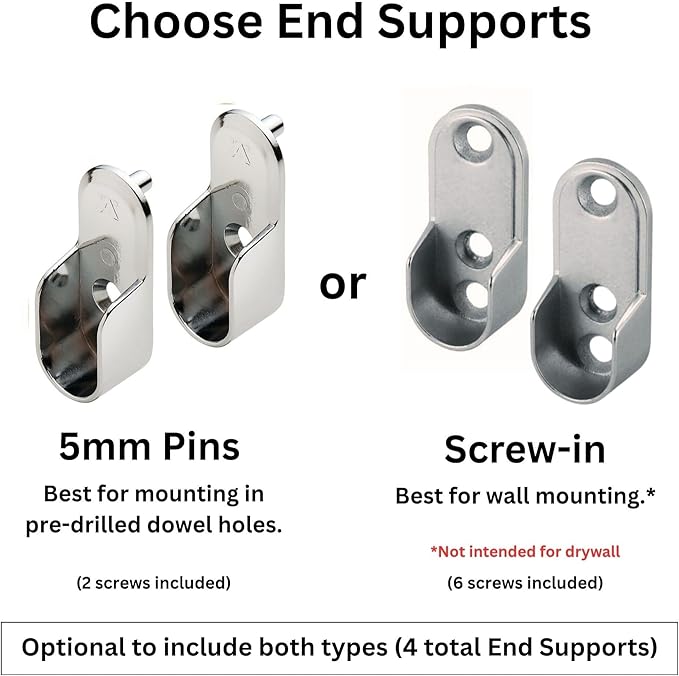 Custom cut to size (12-92 inches) oval closet rod with choice of end support (Chrome)