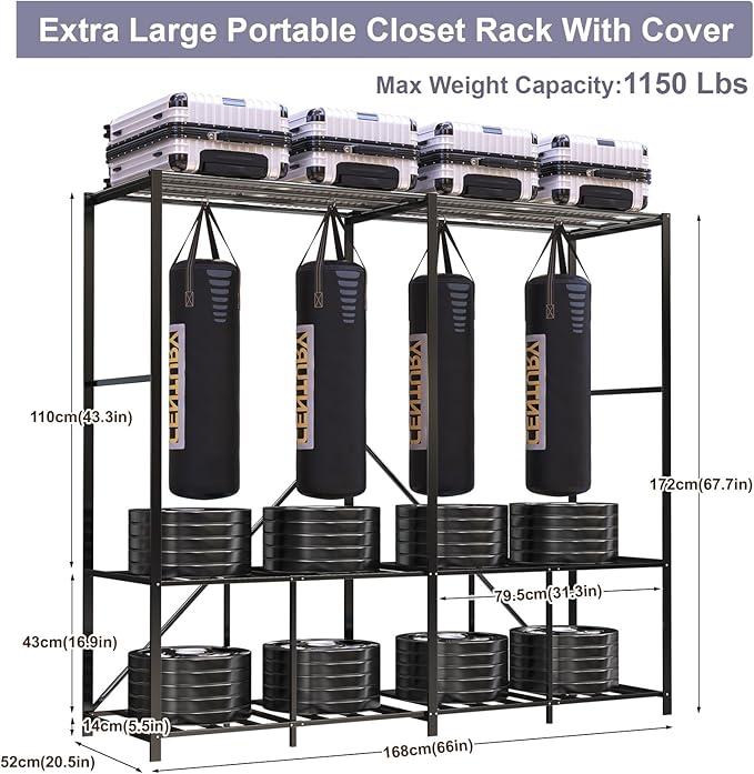 95% Assembled 66" L Clothes Racks for Hanging Clothes, Premium Metal Strong Heavy Duty Clothes Rack with Cover, Portable Foldable Freestanding Garment Rack, Black