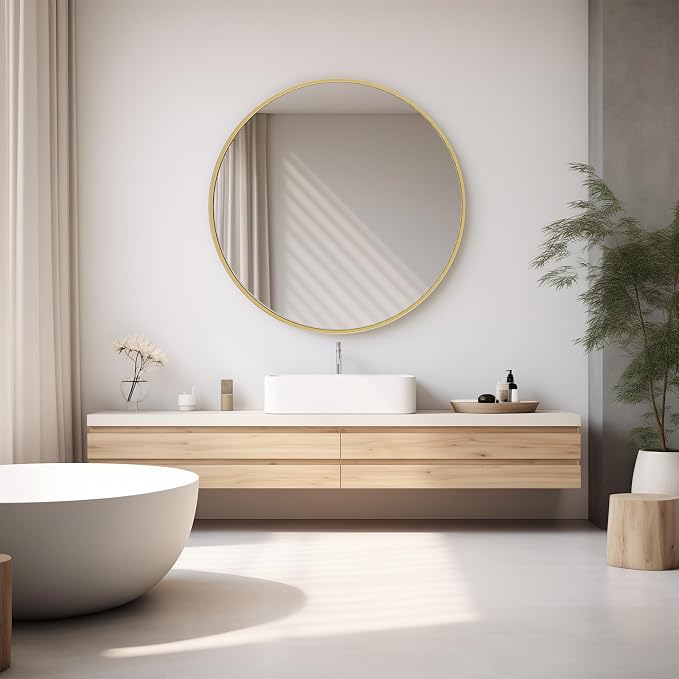 DUMOS Gold Circle Mirror for Wall 30.02 inch, Bathroom Round Wall Mirror for Over Sink, Bathroom, Entryway, Bedroom, Vanity, Shatterproof& Crystal-Clear