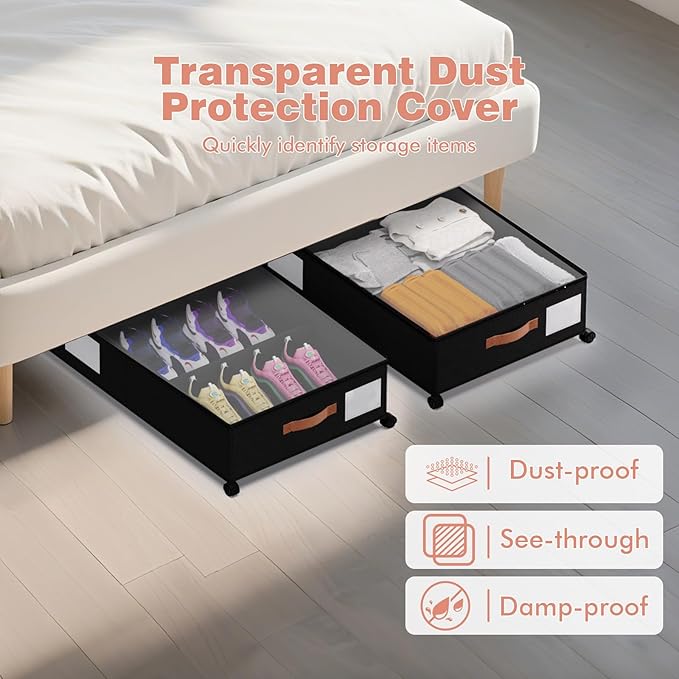 Under Bed Storage with Wheels - Rolling Underbed Containers with PVC Clear Lid & Dividers, 600D Oxford Fabric, PU Leather Handles, Adjustable Magic Tape Partition, XXL 66L (2, Black)
