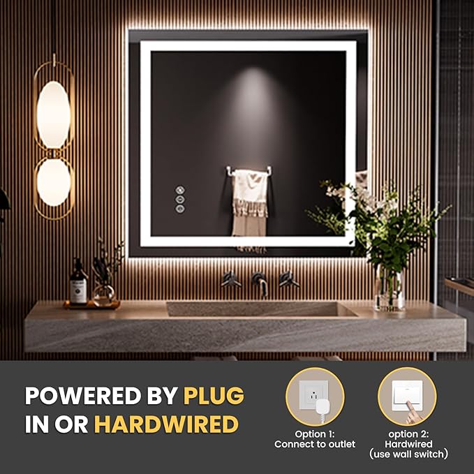 LOAAO 36"x34" LED Bathroom Mirror with Lights, Anti-Fog, Dimmable, Backlit + Front Lit, Lighted Bathroom Vanity Mirror for Wall, Memory Function