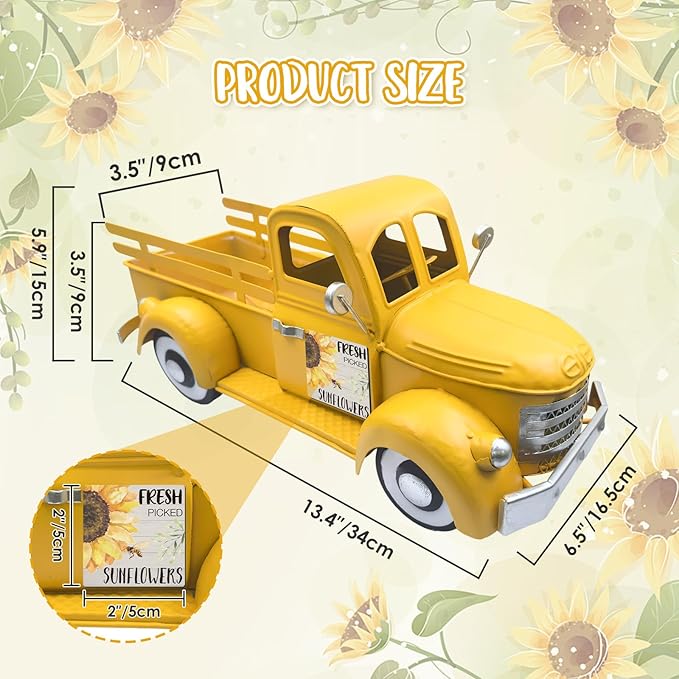 Farmhouse Lemon Decor 13.4 Inch Large Vintage Truck with 20 Magnets Interchangeable Seasonal Decor Rustic Metal Pickup Spring Summer Lemon Centerpieces for Tables Home Lemonade Party, Yellow