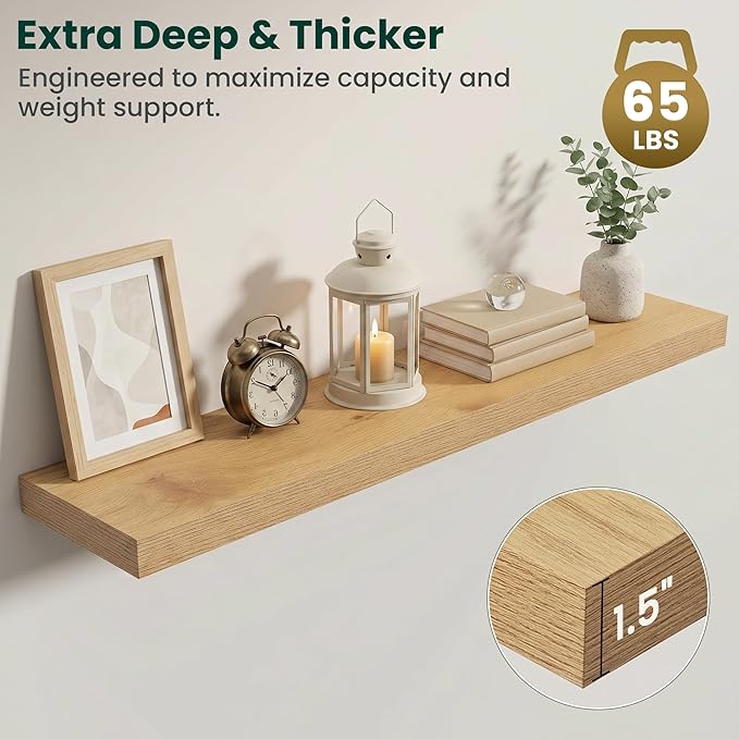 Floating Shelves for Wall 48 in x 9.3 in Deep, Wall Mounted Rustic Wood Shelf with Invisible Brackets for Storage & Display, Living Room Bedroom Bathroom, Oak, 2 Pack