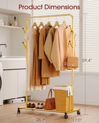 Clothes Rack - Metal Coat Rack with Bottom Shelf, Portable Wardrobe Rack with 6 Side Rods, Rolling Clothing Rack for Hanging Clothes for Bedroom or Laundry Room (Gold, 28.7 x 17 x 59.4)