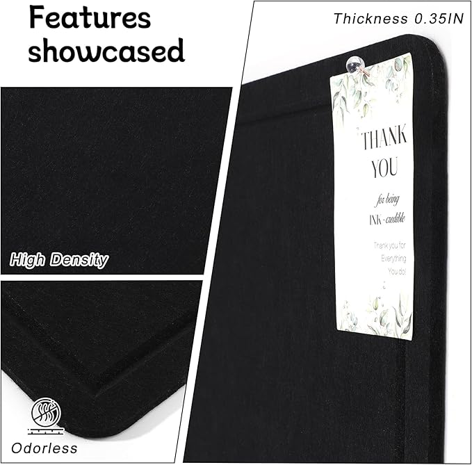 Thboxes Bulletin Board, 24" x 18" Foldable Cork Board Felt Pin Boards with 35 Pushpins Self-Adhesive Photo Decorative Felt Boards for Walls, Office, School, Classroom, Home, Bedroom - Black