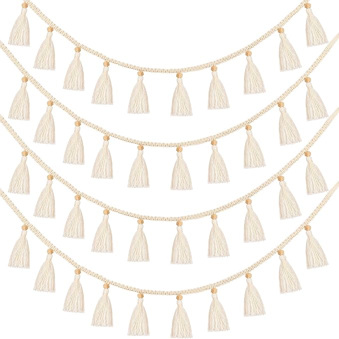 Tatuo Boho Macrame Tassel Garland for Classroom Decor Hanging Tassel Garland Bunting Boho Classroom Decor for Nursery Room Birthday Party Bedroom Dorm(4 Pieces,47.2 Inch)
