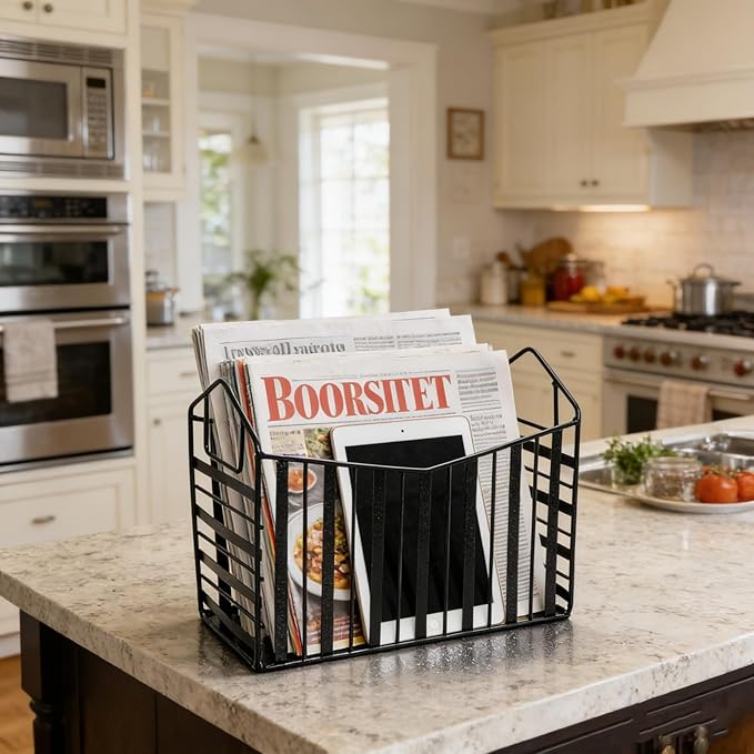 Noamus Metal Magazine Holder, Document File Rack with Handle, Newspaper Book Folder Mail Organizer Bin, Iron Wire Tablet Storage Basket Stand for Home Office Bathroom Bedroom Den Living Room, Black