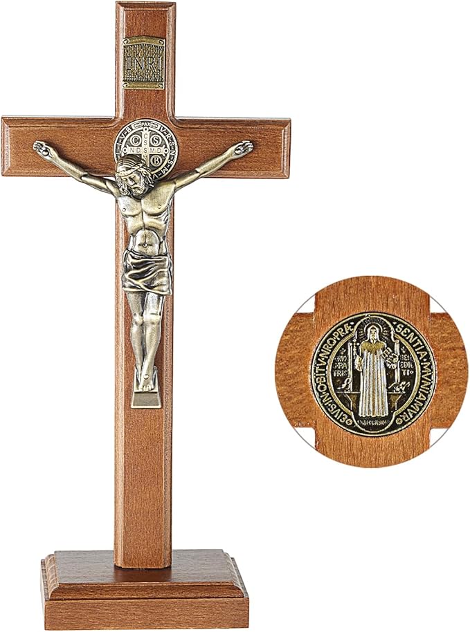 ACHIBANG 10.7" Wooden Standing Crucifix, Two-Way Catholic Jesus Cross Stand for Wall or Tabletop, Solid Faith Decor for Home