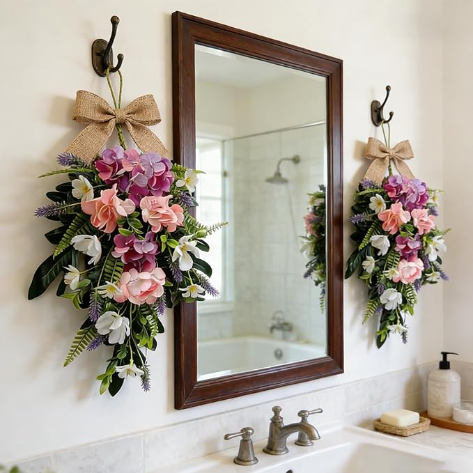 2 Pack 22'' Summer Tropical Swag Wreaths for Cabinets Artificial Hibiscus Flowers Teardrop Wreath with Palm Leaf and Fern Fronds Floral Wreath Hanger for Farmhouse Front Door Porch Window Wall Hanging
