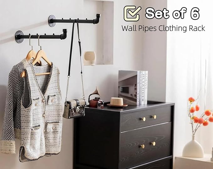 Industrial Wall Pipe Clothes Bar - Heavy Duty Metal Coat Hanger with Hook, Wall-Mounted Garment Holder Racks,Wall Clothing Racks/Hanging Rail, 6Pcs