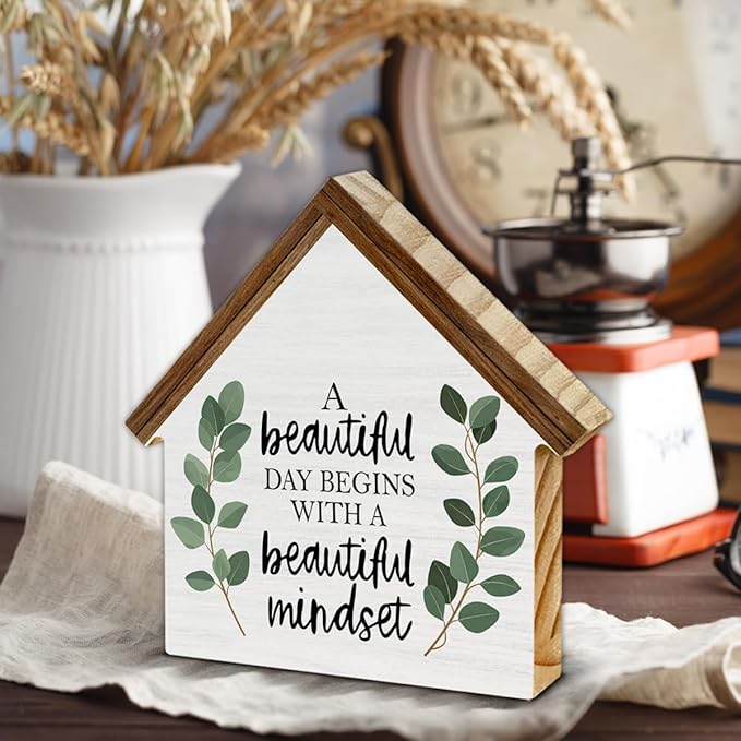 Motivational Positive Quotes Decor, Minimalist Eucalyptus House Shaped Wooden Block Sign, Inspirational Office Home Decor for Desk Table Shelf