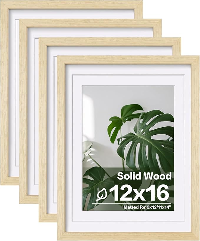 Egofine 12x16 Picture Frames Set of 4, Made of Solid Wood Covered by Plexiglass 9x12 and 11x14 with Mat or 12x16 without Mat, for Wall Mounting Photo Frame Oak Wood