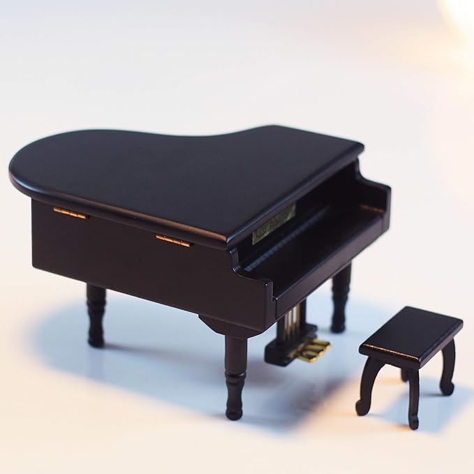 ANGEL MELODY Wooden Grand Piano Music Box Mechanism with Bench and Metal Pedal, Ring Storage Box Wind up You are My Sunshine Musical Boxes Birthday Gifts for Her, Kids, Daughter, Boys, Girls, (Black)