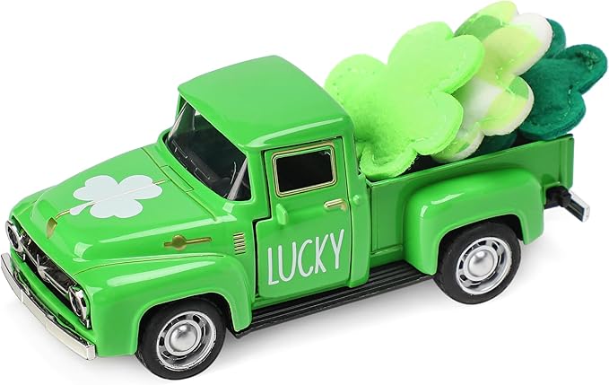 St. Patrick's Day Decorations for Home - Decor for Tiered Tray Metal Farm Truck with 3 Shamrocks Saint Patricks Day Vintage Diecast Pickup Truck Model for Shelf Table Centerpiece Décor Mini 4.8inch