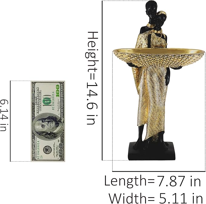 Lescafita Handmade African Couple Sculpture - Gold Tribal Standing Figure with 7.8" Basket, Resin Home Decor for Shelves/Tables, Cultural Gift for Small Items (14.5" H)