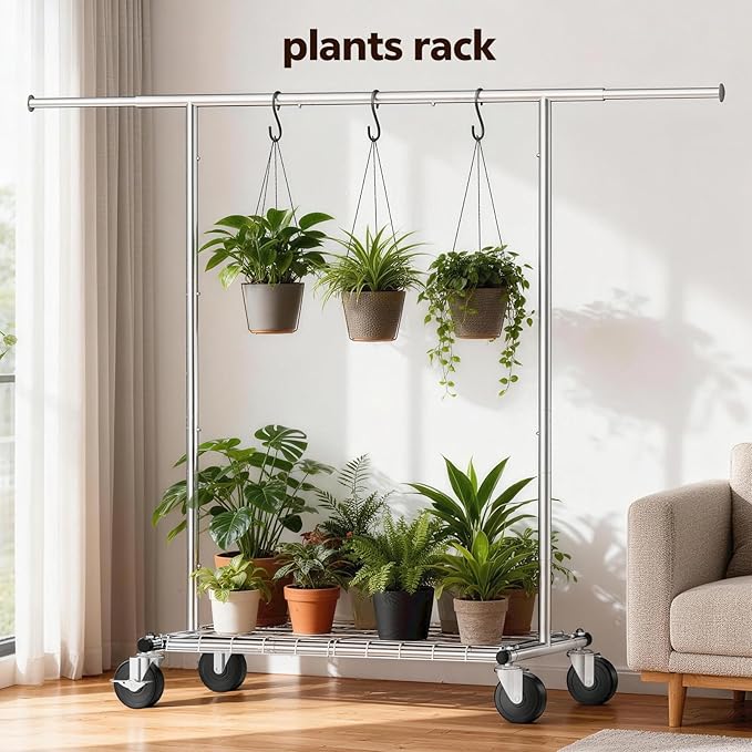 Heavy Duty Clothes Rack - Load 500 LBS, Rolling Clothing Rack for Hanging Clothes with Lockable Wheels & Shelves, Extendable Garment Rack for Bedroom, Laundry, Living Room, Silver