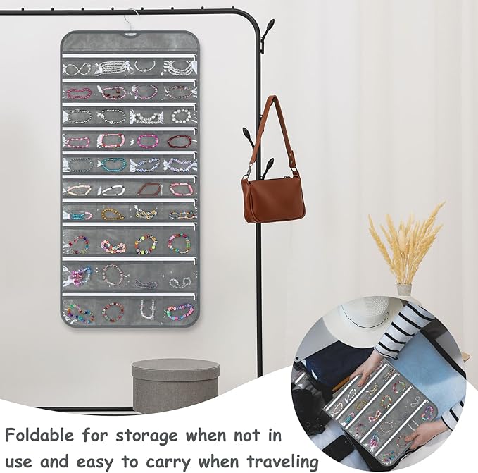 2 Pack Zippered Pocket Hanging Jewelry Organizer Dual-Sided Zipper Jewelry Holder Hanging Storage Organizer for Holding Earrings Bracelets Rings, Each with 80 Zippered Pockets