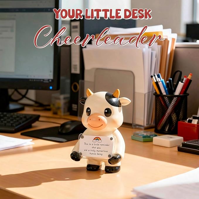 Positive Cow Figurine - 5.1" Tall Hand-Painted Resin Indoor Office Desk Decoration with Cute Motivational Sign, Funny Gift for Women Friends Bestie BFF Bestfriend Coworkers