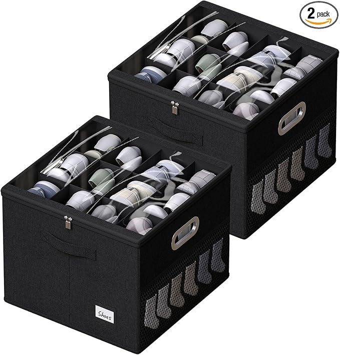 2 Pack Shoe Organizer for Closet Large Shoe Box Storage Containers with Clear Window Space Saving Shoe Bin with Foldable Bottom Support Adjustable Dividers Fits 32 Pairs (Black, (16.5*16.5*13in)*2)