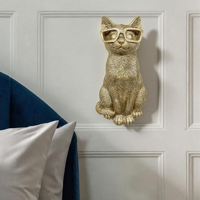 GUSFREUD Gold Animal Heads Sculptures Wall Art - Resin Faux Cat for Home Wall Decor, Cat Wall Hanging Decoration for Living Room, Bedroom & Kitchen, Unique Gift Idea