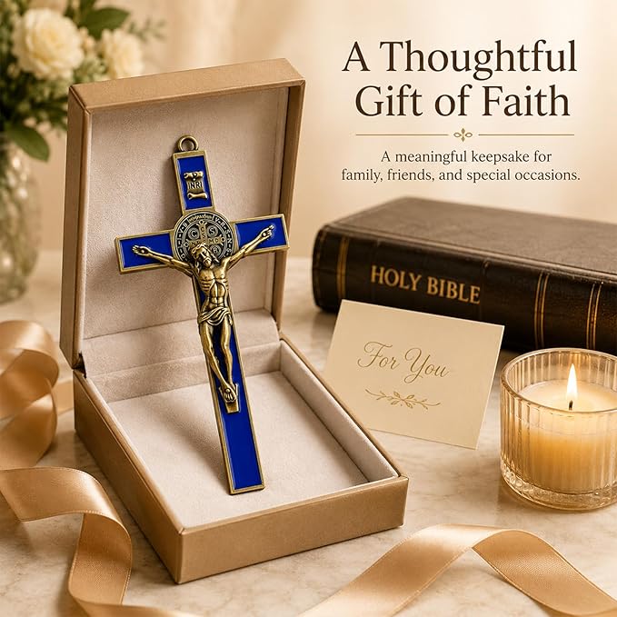 TALPGOD St Benedict Crucifix Gold Blue 7.2 Inch,Crucifix Wall Cross for Catholic Decor,Jesus Christ Hanging Cross Wall Art Decor,Escapularios Catolicos,Saint Benedict Medal for Home Decoration