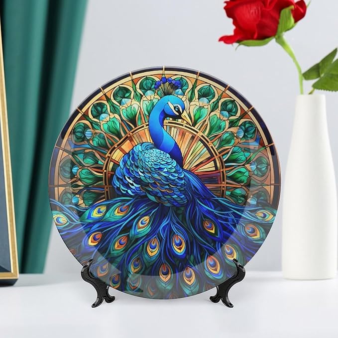 Decorative Plates, Watercolor Peacock Stained Glass Design Ceramic Dinner Plate Home Wobble-Plate with Display Stand, Wall Hanging Decor for Kitchen Household 10 Inch, Gifts for Peacocks Lover