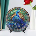 Decorative Plates, Watercolor Peacock Stained Glass Design Ceramic Dinner Plate Home Wobble-Plate with Display Stand, Wall Hanging Decor for Kitchen Household 10 Inch, Gifts for Peacocks Lover