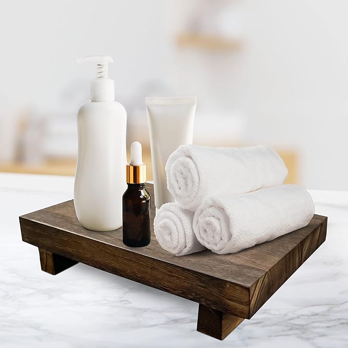 Rustic Pedestal Stand - Handmade Small Wood Tray - Soap Tray for Kitchen Sink, Bathroom (Brown, 12 x 7 x 1.5 Inch)