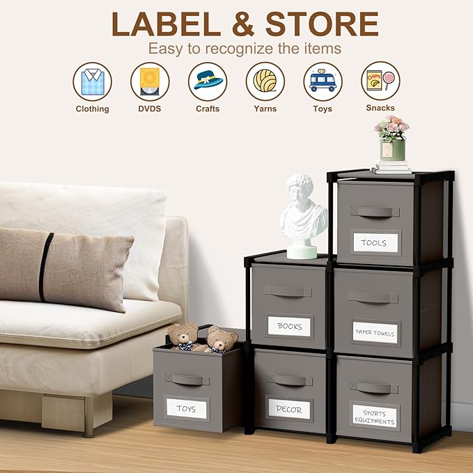 Geelin 6 Cube Storage Organizer with Fabric Bins and Labels 11 Inch, Fabric Collapsible Cubby Clothes Storage Drawer Dresser for Bedroom Living Room Office Organization