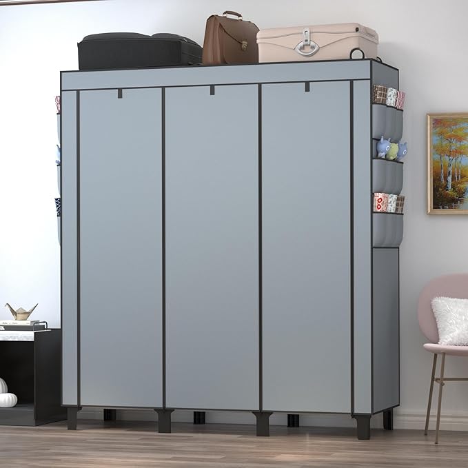 Portable Wardrobe with 10 Storage Racks and 2 Hanging Poles, 6 Side Pockets Non-Woven Cover, Size 130 x 45 x 172 cm, Bedroom Closet Organizer (Gray)