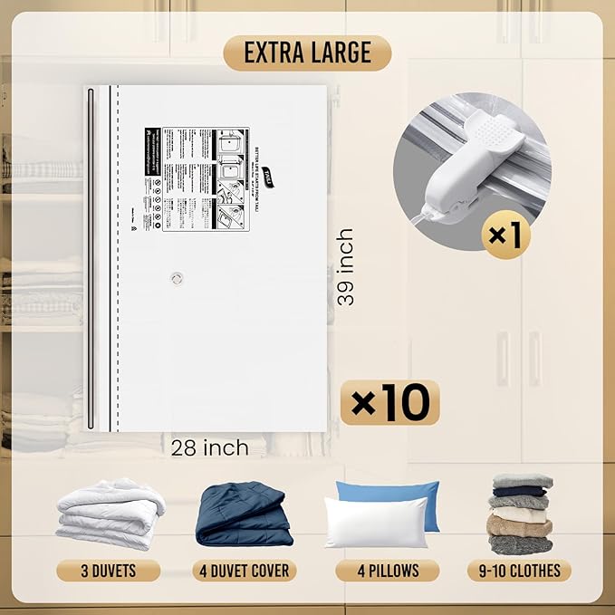 TAILI 10 Pack Vacuum Storage Bags, LONG SIDE ZIP (39x28 inch), Vacuum Seal Bags for Clothing, Jumbo Storage Space Saver for Beddings, Comforters, Blanket, Pillows and Clothes
