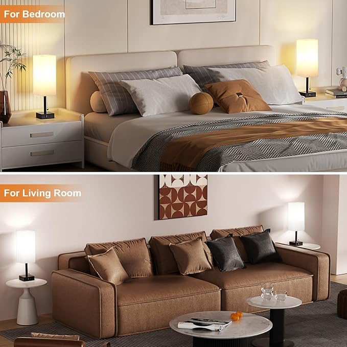 aooshine Bedside Table Lamps Set of 2 - Small White Bedroom Lamps with 3 Color Temperatures (3000K/5000K/4000K), Square Nightstand Lamp with USB C + A Charging Ports, Pull Chain Night Light