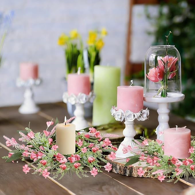 6 PCS Artificial Spring Summer Swag Wreaths Mini Pink Forsythia Lavender Kitchen Cabinet Wreath Small Floral Hanging Flowers Wreaths for Front Door Wedding Farmhouse Porch Wall Window Tabletop Decor
