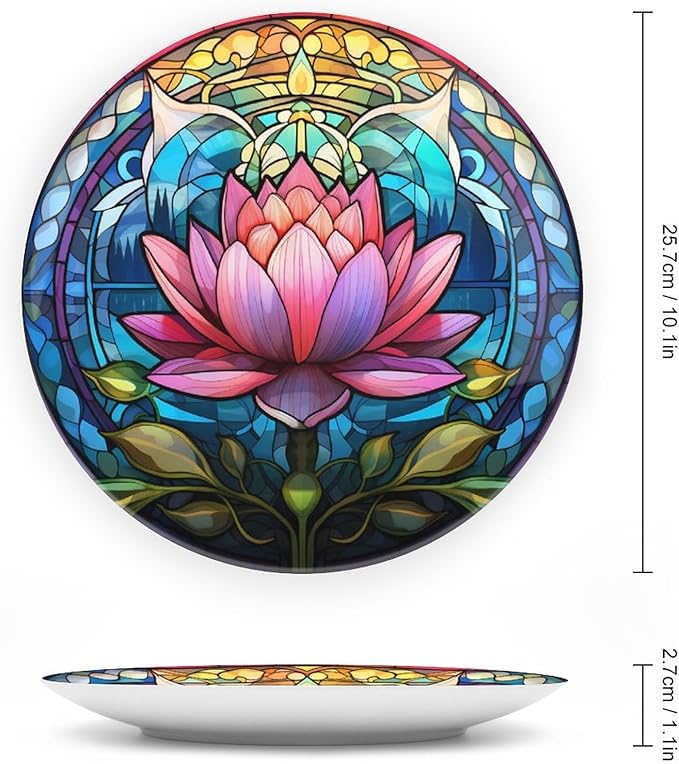 Boho Water Lily Stained Glass Print Decorative Plates Home Decor Ceramic Plates, Dinner Plates Display for Living Room, Kitchen, Hallway Console Side Table, Presents for Lotus Lover, 10 Inch