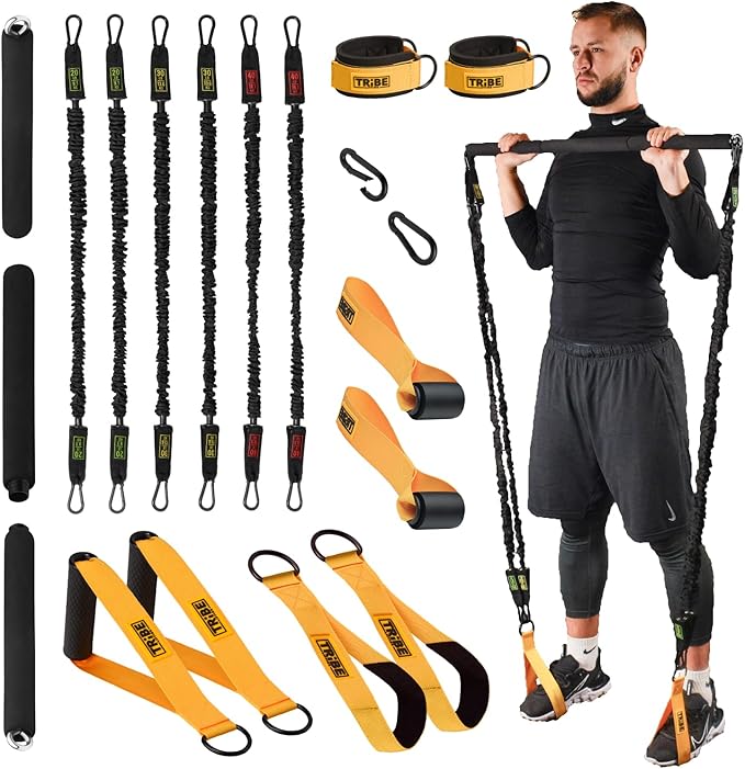 Tribe Lifting Tube Resistance Bands for Working Out Men and Women - 180lb Exercise Bands Set with Handles, Resistance Band Bar, Ankle Straps, Foot Straps, Door Anchor for Home Gym Strength Training