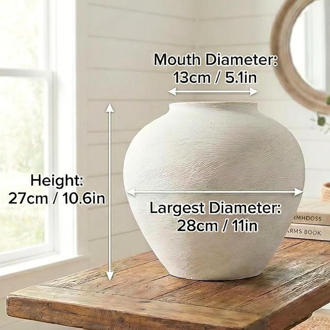 Large White Vase for Centerpieces - 11" Wide Textured Stone Look Metal Flower Vase for Table Decor - Rustic Farmhouse Vases for Living Room Dining Room Home Decor