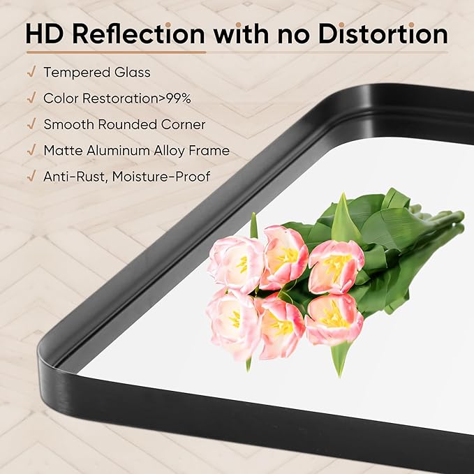 DUMOS Black Metal Framed Vanity Rounded Rectangle Bathroom Mirrors for Over Sink Wall, 30x22 Inch Matte Large Mirror, Modern Decorative for Restroom, Farmhouse, Horizontally or Vertically Hanging