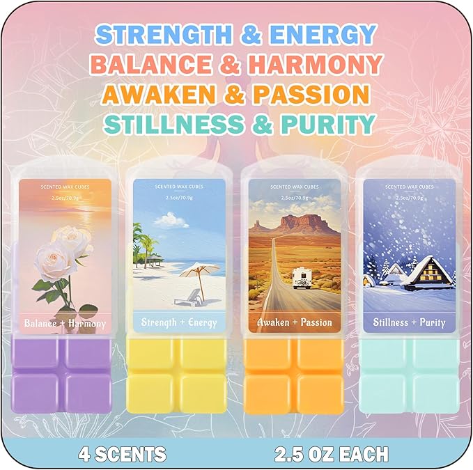 SCENTORINI Wax Melts, Wax Cubes Strong Scent for Healing Relax, Summer Scented Wax Melts for Warmer - Lemon Green Tea/Strawberry Blackcurrant/Raspberry Orange/Ocean Grass Bellflower, 2.5 oz 4-Pack